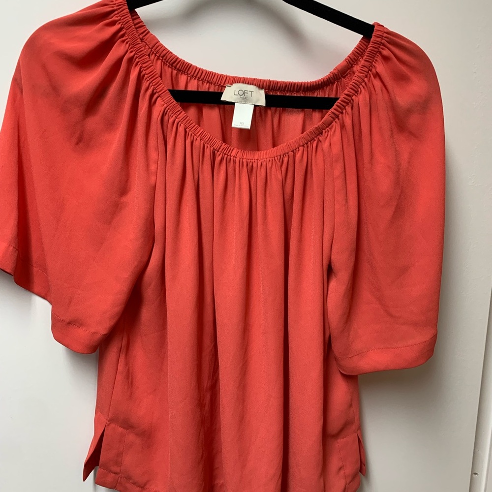 LOFT Orange Puff Sleeve Smocked Blouse XS